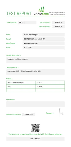 HGH (Somatropinas) laboratorinio tyrimo sertifikatas (COA)
